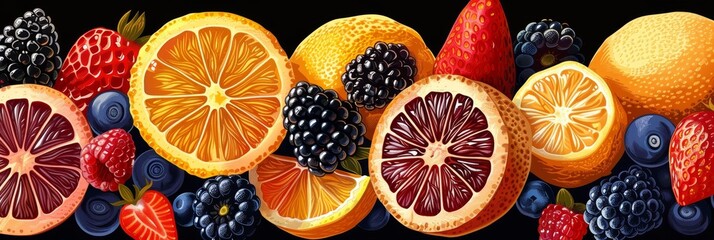 Vibrant Citrus and Berry Collage With Black Background