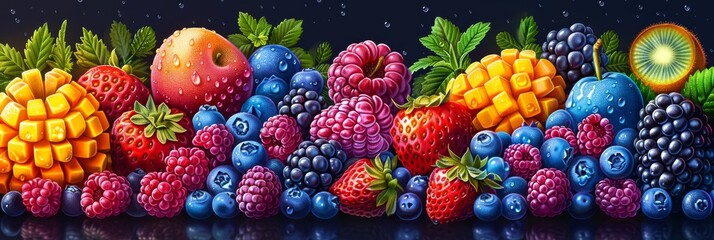 Wall Mural - Vibrant Fresh Fruit Arrangement With Mango, Kiwi, and Berries