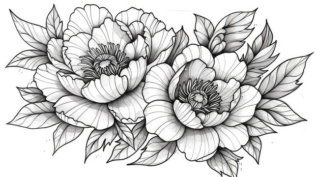 Flowers design, ink art style, white background, monochrome color palette, vector illustration, simple lines, generated with AI