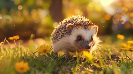 A baby hedgehog exploring the grass in a backyard garden.