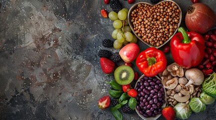fresh fruits and vegetables arranged creatively on a dark rustic background