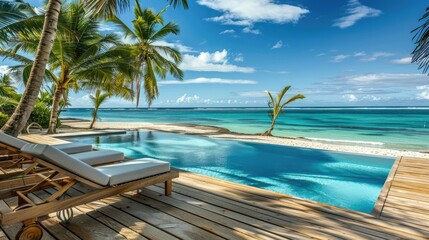 Two White Chairs Await on a Deck With a Palm Tree in the Morning Mist