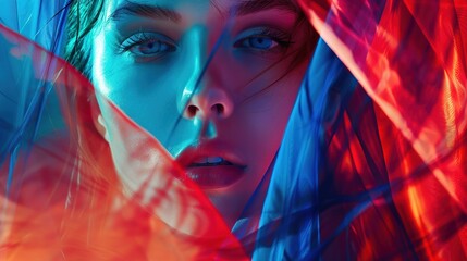 Poster - Stunning woman portrait in fluid fabric plastic, red and blue bold contrast color, wide banner, Otherworldly Visions