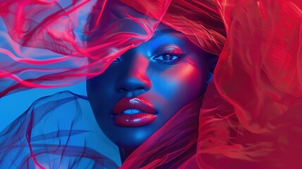 Sticker - Stunning woman portrait in fluid fabric plastic, red and blue bold contrast color, wide banner, Otherworldly Visions