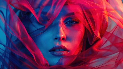 Poster - Stunning woman portrait in fluid fabric plastic, red and blue bold contrast color, wide banner, Otherworldly Visions