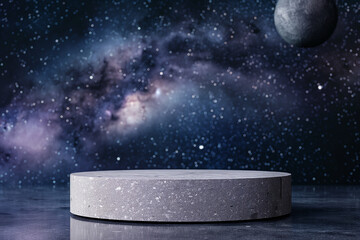 Round gray stone podium in space background,  mockup