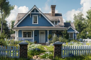 Wall Mural - A cozy indigo blue cottage with a white picket fence and a detached brick garage, set on a lawn with a vegetable garden.