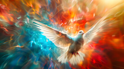 Wall Mural - Holy Spirit revealed. A dove burst out of an explosion of light and color.