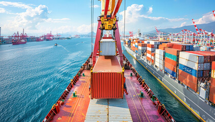 A large container ship is being loaded with containers in the middle of the ocean