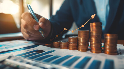 Businessman holding a pen and paper with a growth graph arrow icon pointing up. a stack of coins on a table representing the concepts of financial success 