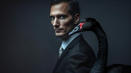 Wall Mural - Businessman or politician with a black swan. Concept of unpredictable event.