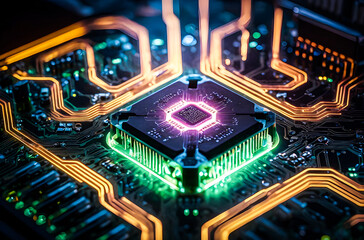 Poster - A circuit board with a processor, viewed through a transparent surface with neon lights illuminating the details Generative AI image.

