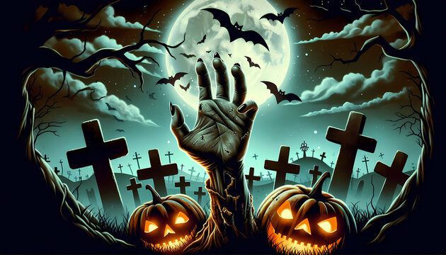 Halloween graveyard theme with zombie hand