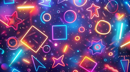 Fototapete - A vibrant neon light background with abstract shapes and glowing colors, ideal for nightlife and party themes.