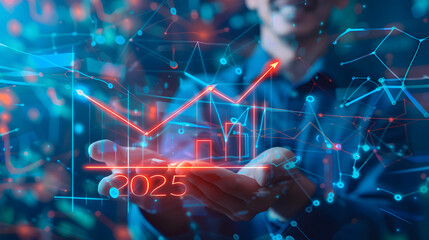Wall Mural - Businessman holding a virtual hologram icon of a growth graph and arrow up with the text 2025 