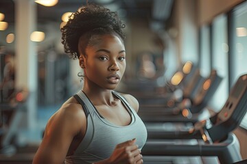 Wall Mural - A woman running on a treadmill in a gym. She is wearing a grey tank top and has her hair in a bun