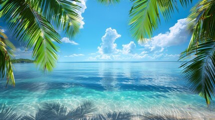 Wall Mural - Pristine tropical beach view with crystal clear blue water, lush palm trees, and a wide blue sky