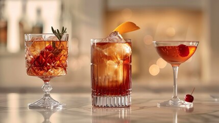 Three sophisticated cocktails with herbal garnishes on a marble surface in a bright interior