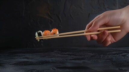 Sticker - Hand holding bamboo chopsticks with nigiri at restaurant Front view Food Japanese cuisine concept : Generative AI