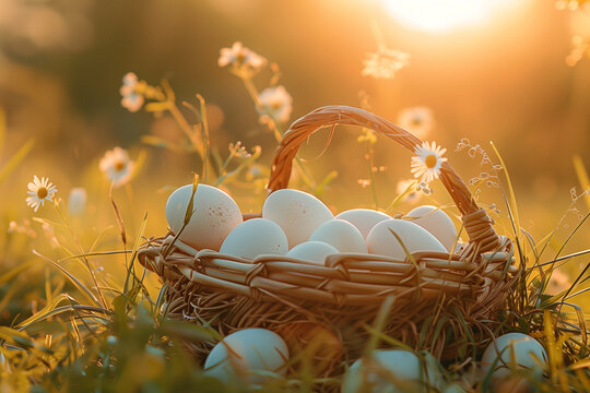 Basket of fresh eggs on the grass with daisies