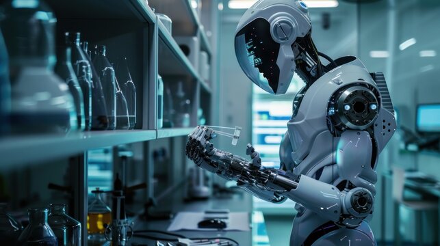 Cyborg man intelligent scientist working on industrial robot production in laboratory office