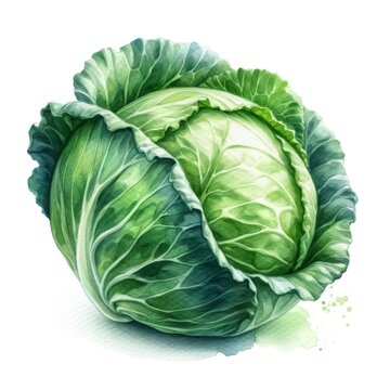 A detailed watercolor illustration of a fresh green cabbage with tightly layered leaves, isolated on a white background.