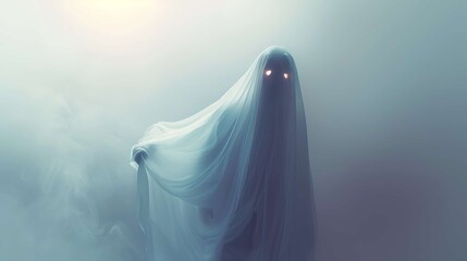 A ghostly figure is standing in front of a foggy background