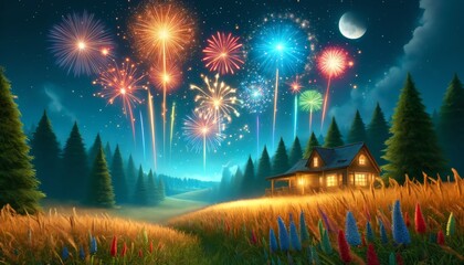 An image of a celebration scene featuring vibrant fireworks exploding in the sky above a meadow at night