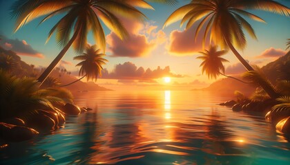An image of a tropical sunrise with palm trees