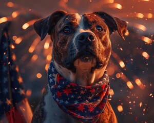A patriotic dog with a bandana, gazing intently against a backdrop of fireworks.