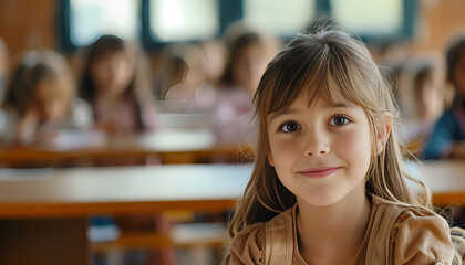 Wall Mural - Schoolgirl sitting in classroom during lesson in elementary school. High quality photo