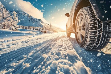 Wall Mural - Winter tires in action on a snowy mountain road during a bright sunny day