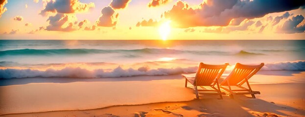 Wall Mural - Romantic Sunrise Beach. Relaxing Vacation Seascape. Summer wallpaper. 4K Video