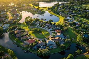 Aerial view of homes in Florida, USA near a lake and golf course. In the background there is an orange sunset. The houses have grey roofs and blue facades