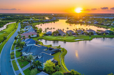 Wall Mural - Aerial view of homes in Florida, USA near a lake and golf course. In the background there is an orange sunset. The houses have grey roofs and blue facades