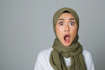 A shocked young Asian Muslim woman with an open mouth looks at the camera with a shocked expression.