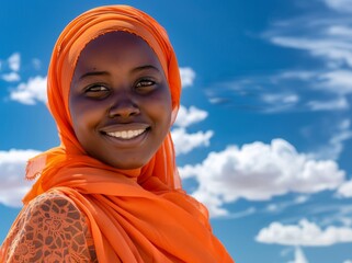 Photo of a beautiful teenage girl wearing an embroidered dress, a headscarf, and a blue sky. She is 18 years old.