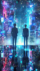 two businessman at rooftop of skyscraper looking at futuristic city and planning company strategy, business digital transformation and board of directors teamwork concept