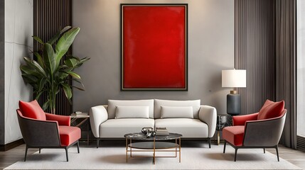 2. Against a backdrop of modern elegance, a crimson poster frame mockup takes center stage in a tastefully decorated living room, serving as a chic focal point that seamlessly integrates with the