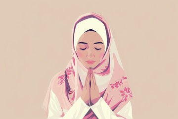 Muslim woman with Asian heritage praying to God on a white background