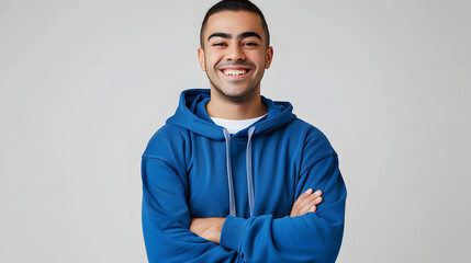 Wall Mural - Young smiling happy cheerful middle eastern man he wears blue hoody casual clothes hold satisfied hands crossed folded look camera isolated on plain solid white background studio. Lifestyle concept.
