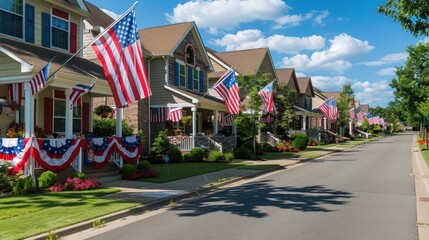 A suburban neighborhood street lined with houses displaying American flags, red, white, and blue bunting