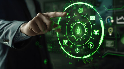 Wall Mural - Businessman touching a green circular web icon with carbon rutone and energy icons around it 