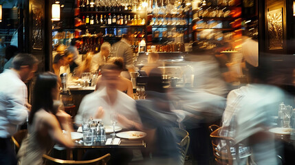 crowded restaurant or pub with people dining and waiters, bartender and chefs working, crowd drinking and eat in full bar or cafe, blurred motion