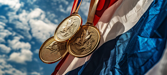 A photograph of three olympic gold, silver and bronze medals