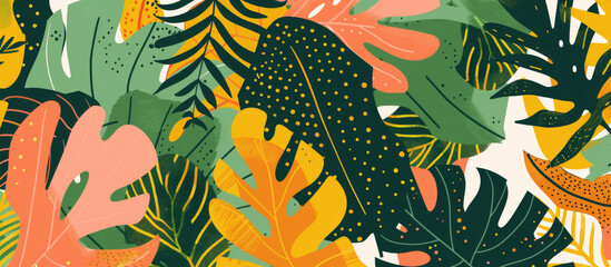 Naklejka na meble Vibrant tropical leaf patterns with various shapes such as palm leaves or monstera leaves in shades of green, pink, orange and yellow