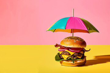 Wall Mural - Tropical beach concept made of hamburger and umbrellas. Creative minimal summer idea. Flat lay, top view, copy space