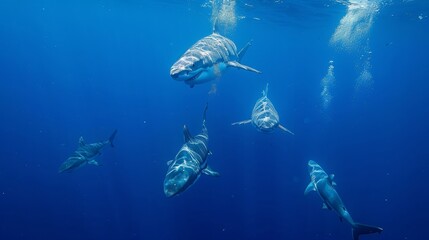 Wall Mural - a squad of deepsea sharks circling the sinking whale anticipating a feast.