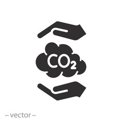 reduce carbon emission icon, hands capture co2 cloud, protect environment, flat symbol on white background - vector illustration