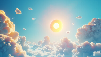 Wall Mural - 3D Sunny Day with Clear Blue Sky, featuring a vibrant sun and fluffy clouds